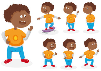 School boy with skate set with different positions vector illustration isolated