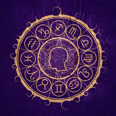 Mystical geometry symbol. Linear alchemy, occult, philosophical sign. Astrology and religion concept. Outline silhouette of human head. Zodiac circle