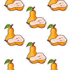 Vector pears seamless pattern. Summer fruit background on white. Great for printing on clothes, dishes or paper.
