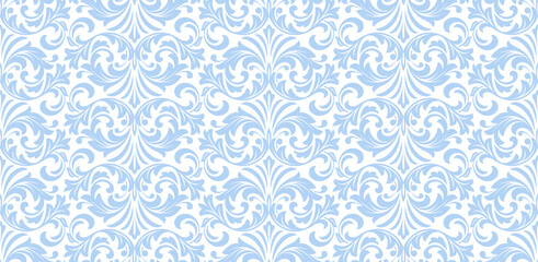 Wallpaper in the style of Baroque. Seamless vector background. White and blue floral ornament. Graphic pattern for fabric, wallpaper, packaging. Ornate Damask flower ornament