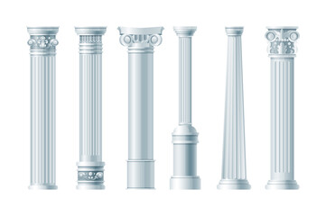 Obraz premium Realistic antique pillars set. Antique column, classic pillar. Ancient ornate pillars historic roman greek architecture facades of historic buildings isolated vector