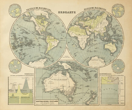 old world map from the year 1865, antiquarian world map
