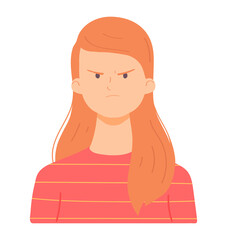 Doubt girl avatar. Female emotions. Flat cartoon character isolated on white background. Vector illustration.