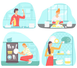 Fototapeta premium Collection of scenes with people doing housework. Set of men and women washing dishes, wipe the dishes, arrange the mugs. Flat illustration for banners, posters, postcard . Cartoon style