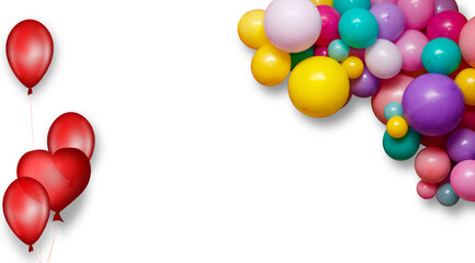 A group of colorful party balloons on a white background with copy space