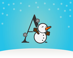 fun and cute letter A snow man decoration with snow flakes winter background