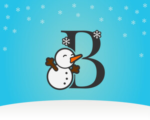 fun and cute letter B snow man decoration with snow flakes winter background