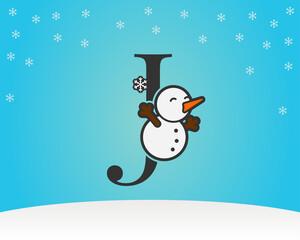 fun and cute letter J snow man decoration with snow flakes winter background