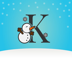 fun and cute letter K snow man decoration with snow flakes winter background