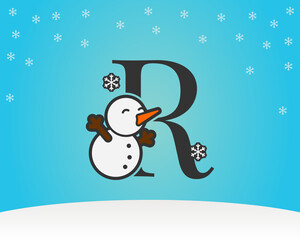 fun and cute letter R snow man decoration with snow flakes winter background