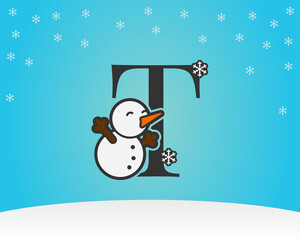 fun and cute letter T snow man decoration with snow flakes winter background