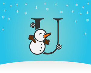 fun and cute letter U snow man decoration with snow flakes winter background