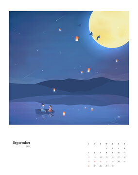 2021 New Year Calendar Set 09 : A Sky Lantern And Full Moon View