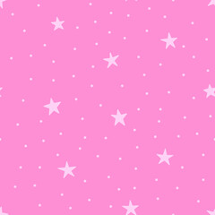 Seamless pattern with chaotic dots and stars on the pink background. Vector hipster background.