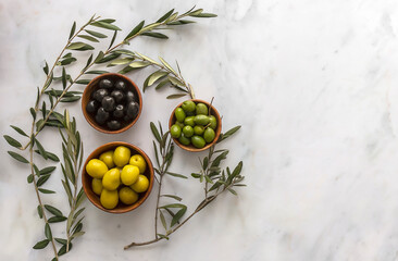 Pickled green and black olives served in bowls with fresh tree sprigs.