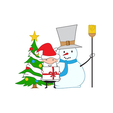 Happy Santa Claus and Snowman. Fairy tale characters. Happy New Year. - Vector