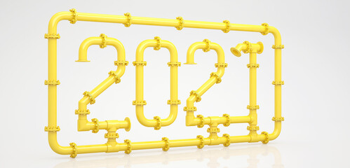 New Year 2021 made of gas pipes surrounded by a frame on a white background. 3D render.