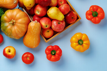 Pumpkins, apples and bell pepper composition on blue background