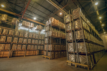 Huge warehouse with many different boxes on the shelves