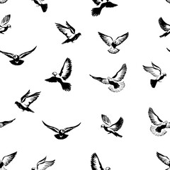 Doves flying seamless pattern. Black and white.