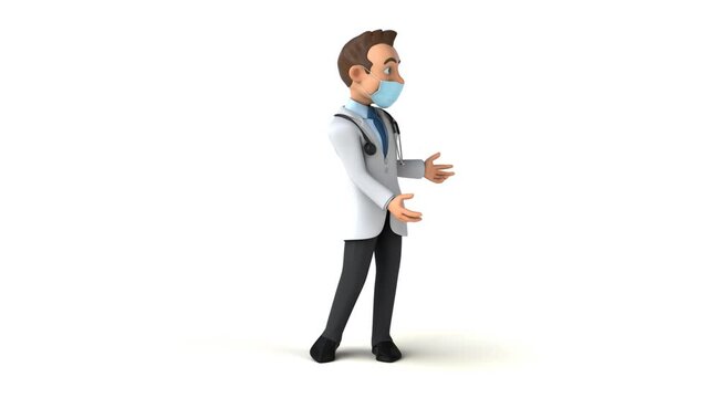 Fun 3D cartoon doctor walking and presenting with mask