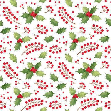 Watercolor Christmas Seamless pattern with holly. Winter background with red berries and botanical green foliage. Christmas mood. Perfect for wrapping paper, fabric, textile, invitations, packing.