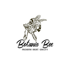 botanic bee illustration fly on flower. bee vector logo