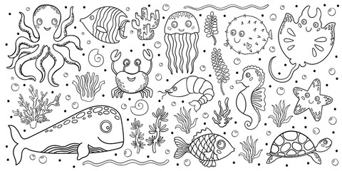 Big vector children baby set of marine underwater animals.Isolated objects in cartoon style.Octopus, whale, jellyfish, turtle, stingray, fish, crab, seahorse, shrimp, starfish, puffer fish.