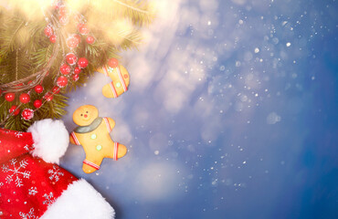 Gingerbread cookies in Christmas setting. Magic holiday background.