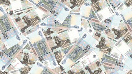 Obraz na płótnie Canvas Illustration of a rectangular seamless pattern or wallpaper. Paper money of the Russian Federation. Randomly scattered banknotes of 50 rubles