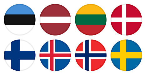 Obraz premium northern europe flags. set of round icons flags. estonia, latvia, lithuania, denmark, finland, iceland, norway and sweden flags. isolated on white background