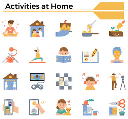 Activities at home icon set.