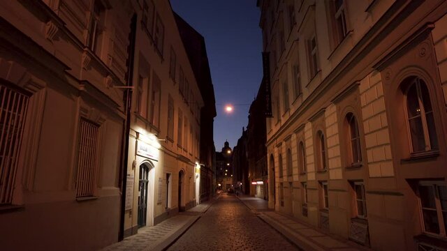 Empty narrow street in historical center of Prague,Czechia,lockdown.