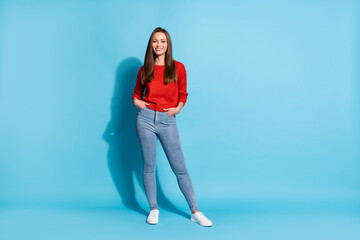 Full size photo of pretty girl look good wear pullover isolated over blue color background