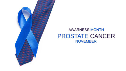 Ribbon cancer. Awareness prostate cancer of men health in November. Blue ribbon, fashion tie...