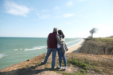 people, sea, cliff, panorama, view, love, feelings, couple