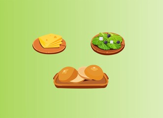 A plate of cheese, lettuce, and bread on green background