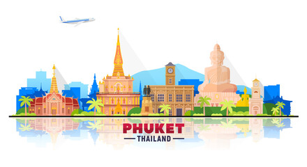 Phuket ( Thailand ) skyline with panorama in white background. Vector Illustration. Business travel and tourism concept with modern buildings - obrazy, fototapety, plakaty