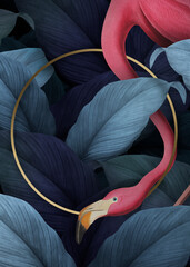 Tropical flamingo on a round golden frame - obrazy, fototapety, plakaty