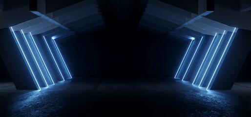 Sci Fi Futuristic Neon Glowing Blue Tunnel Parking Garage Cement Asphalt Concrete Underground Industrial Showroom Hangar Warehouse Spaceship 3D Rendering