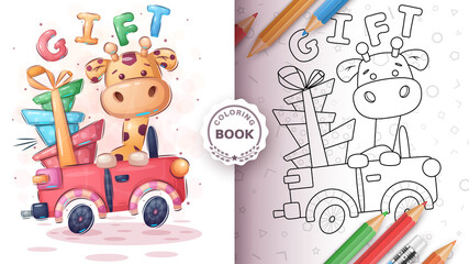 Giraffer in the car - coloring book