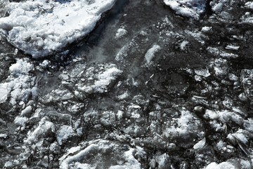 Texture of ice on the river, broken into cracks,