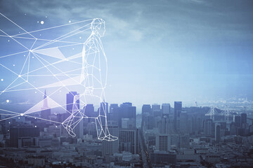 Double exposure of start up theme drawings over cityscape background. Concept of success.