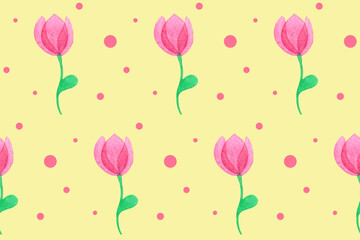 Seamless pattern with fantasy pink flowers. Hand drawn watercolor tulips. Spring illustration. Beautiful print for textile, greeting cards, wrapping paper, decor and design. Celebration style