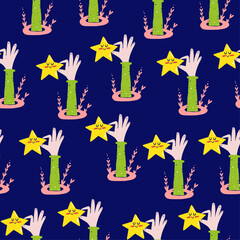 Vector seamless pattern in blue with hand and star. Doodle positive bright pattern is suitable for home sleepwear or baby accessories