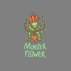 Naklejka premium Card with Venus flytrap. Comic drawing of predatory flower. Vector doodle image. Monster plant print.