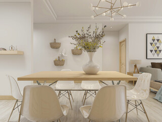 spacious dining room design next to the modern kitchen, with a beautiful dining table and greenery