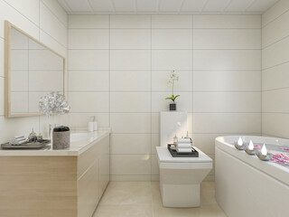 Clean modern residential bathroom and toilet design, which is equipped with washstand, toilet and shower equipment, etc.
