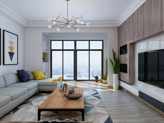 spacious living room design of modern residence, with sofa, tea table, decorative painting, etc