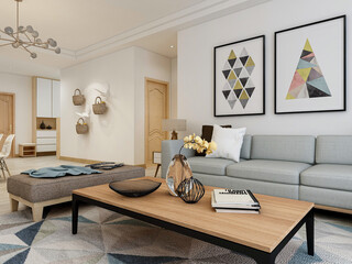 spacious living room design of modern residence, with sofa, tea table, decorative painting, etc